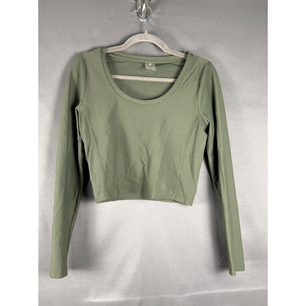 Calia Ribbed Long Sleeve Top Womens Medium Green Scoop Neck Crop Athletic Top